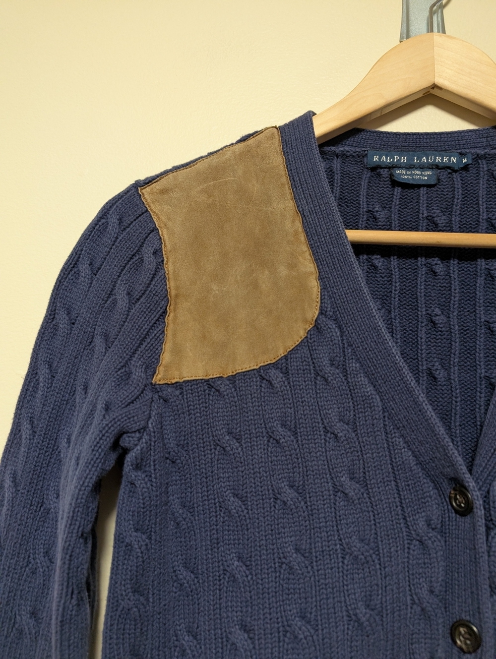 Ralph Lauren Cable Knit Cardigan Navy Suede Shoulder Patch Size M - Picture 2 of 7